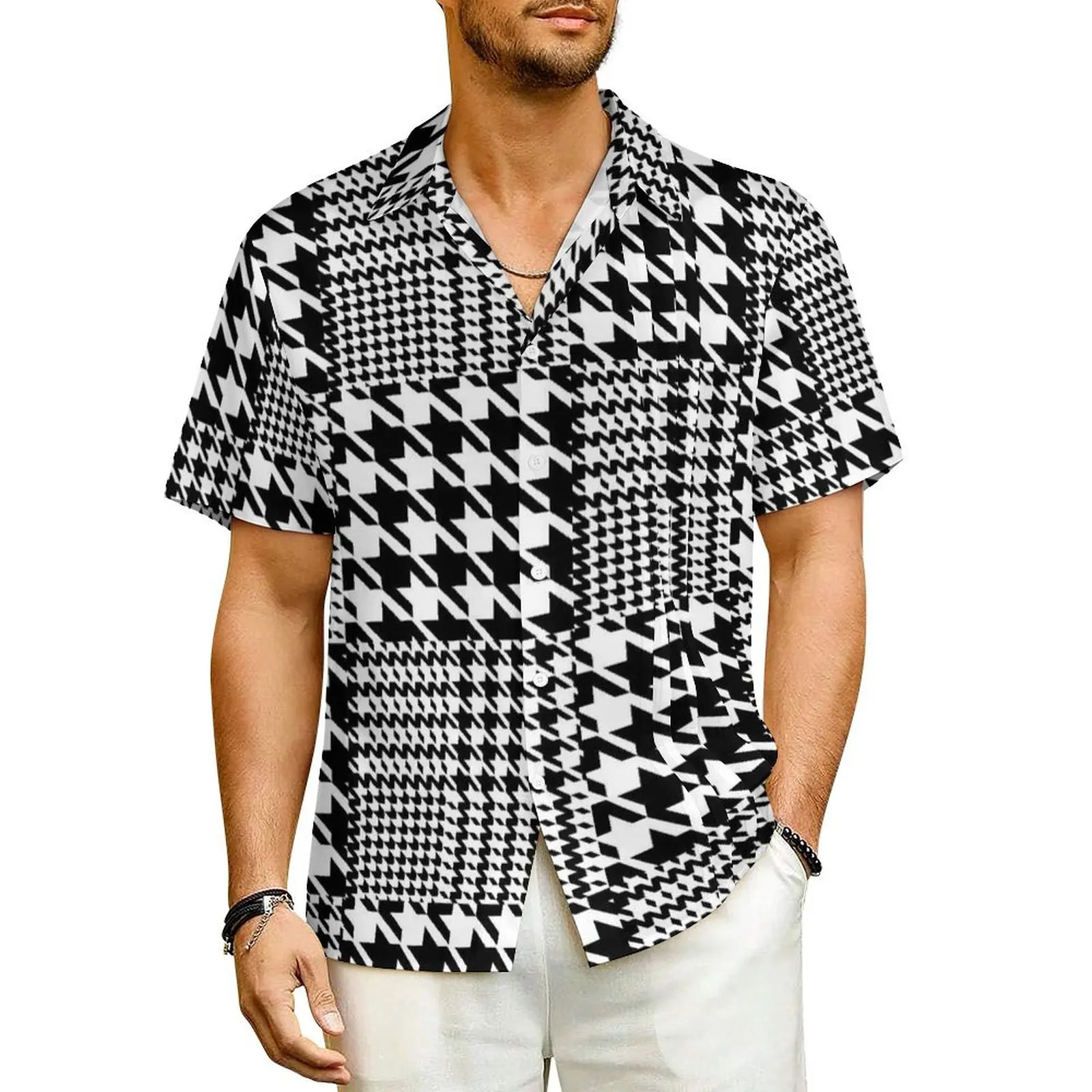 

Houndstooth Patchwork Hawaii Shirt Men Beach Black And White Casual Shirts Short Sleeve Harajuku Print Novelty Oversize Blouses