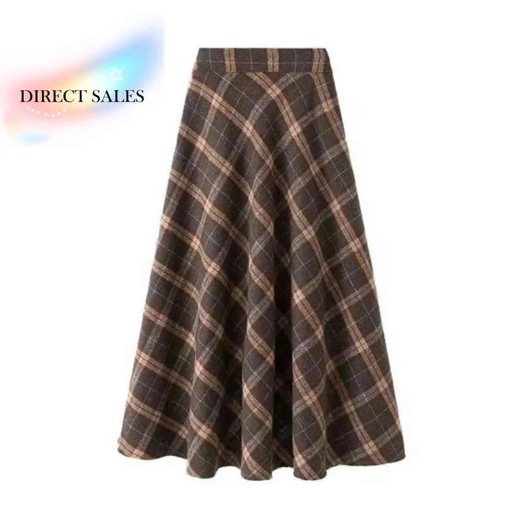 ارتفاع الخصر الرجعية منقوشة تنورة سليم صالح الشتاء Autumu عالية الخصر تنورة طويلة نمط Preppy الجمالية ألف خط نصف فستان الفتيات