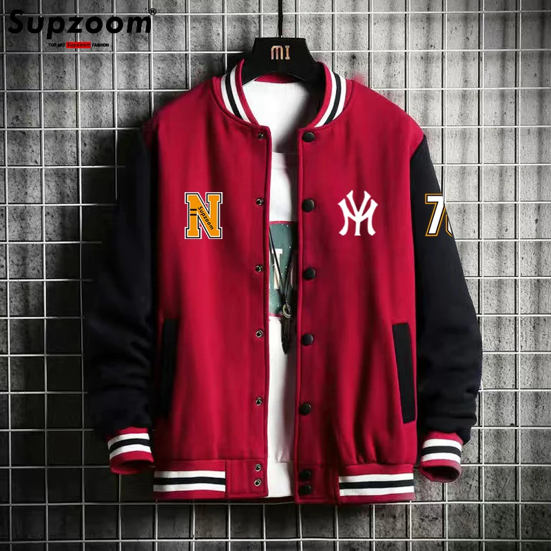 Supzoom New Arrival Letter Rib Sleeve Cotton Top Fashion Logo Single Breasted Casual Bomber Baseball Jacket Loose Cardigan Coat