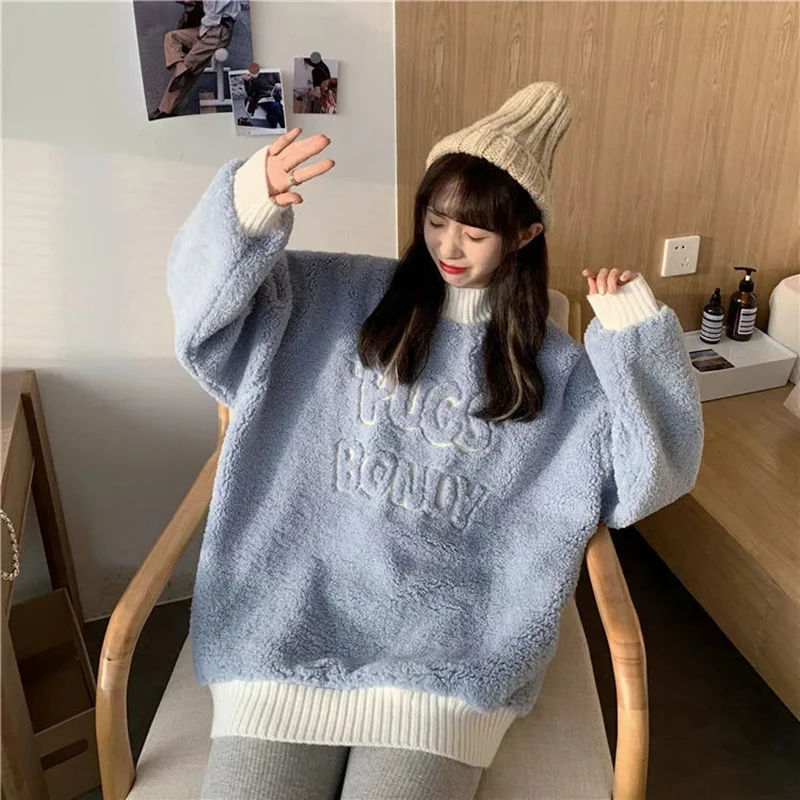 Women Korean Fashion Print Letter Sweatshirt Winter Thick Warm Pullover Loose Streetwear Harajuku Embroidery Plus Velvet Top