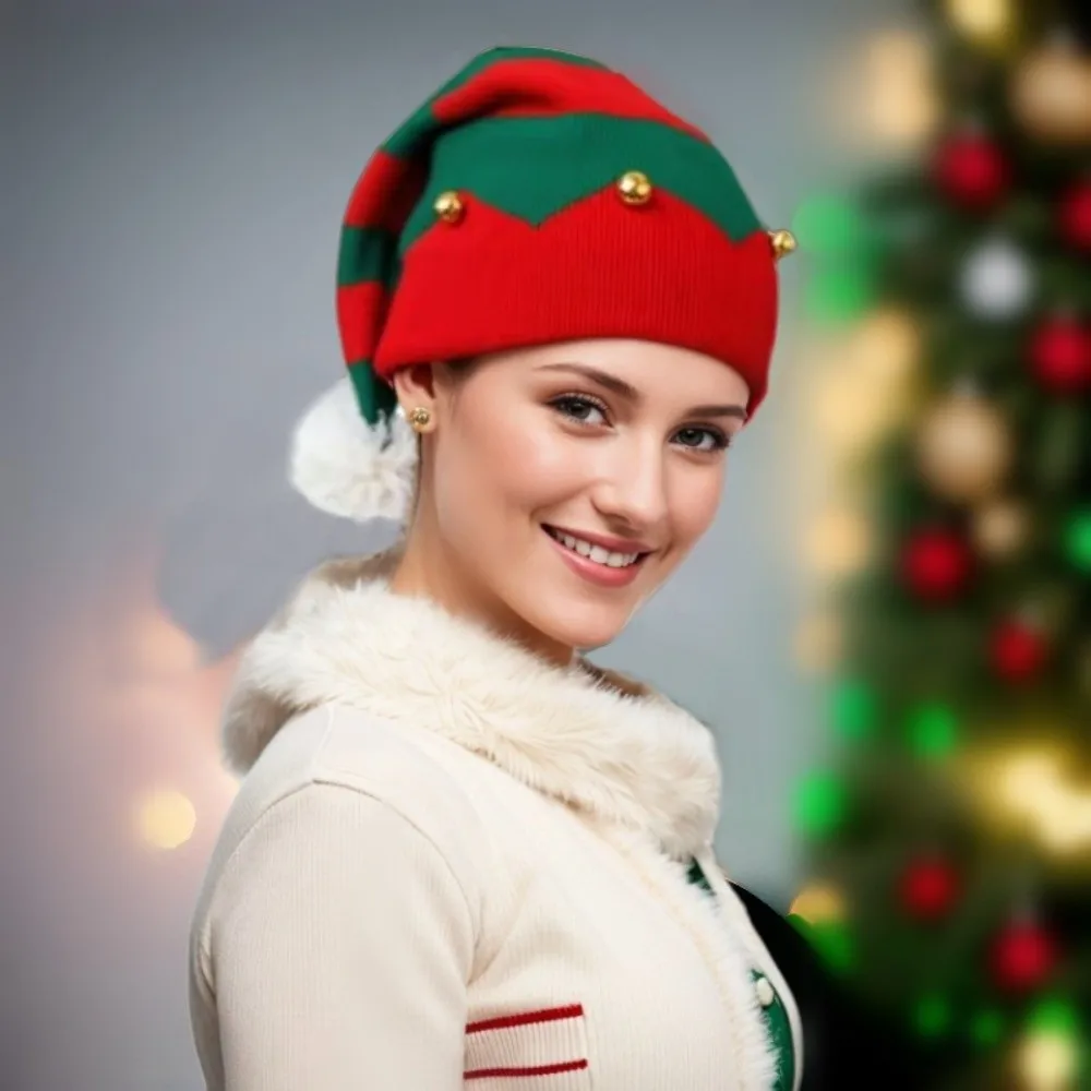 Geschenk Frohe Weihnachten Mütze Weihnachts-Strickmütze Warme Grün-Rote Santa-Mütze Plüschball Koreanischer Stil Wollmütze Frohes Neues Jahr – Detail 3