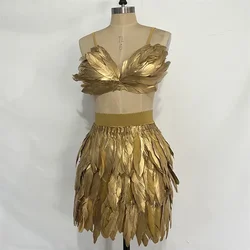 Conjunto de 2 peças de sutiã de penas douradas, conjunto de 2 peças, carnaval, festival, rave, performance de palco, show, festa, gogo, dançarino, fantasia, jazz, cosplay