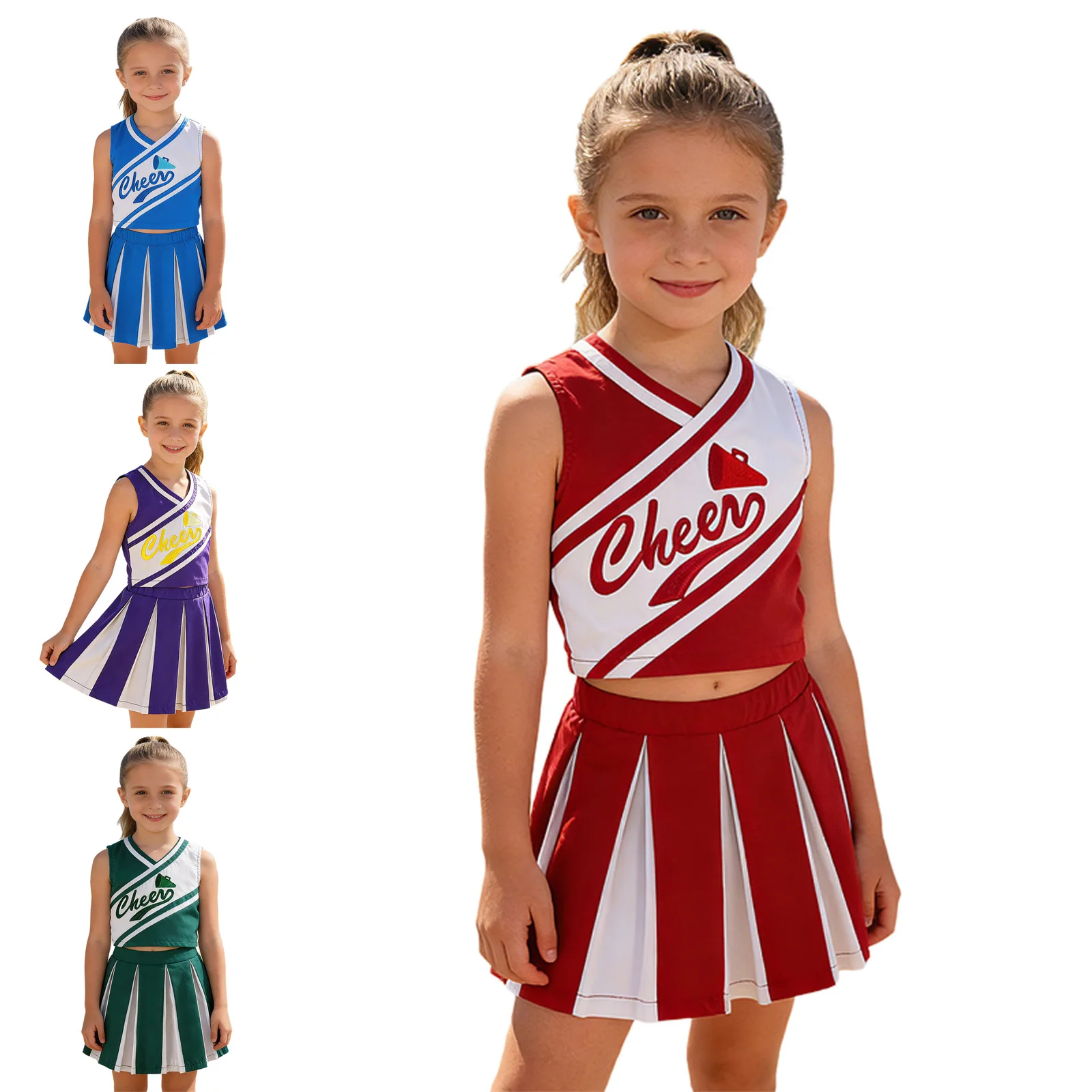 

Детские костюмы для девочек-чирлидеров: топ без рукавов с вышивкой и юбка для выступлений и танцев