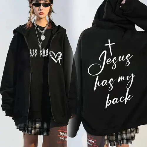 Jesus Have My back 앞뒤 프린트 집업 후드, 남녀공용 빈티지 패션, 오버사이즈 맨투맨 재킷, 겨울 플리스 코트 