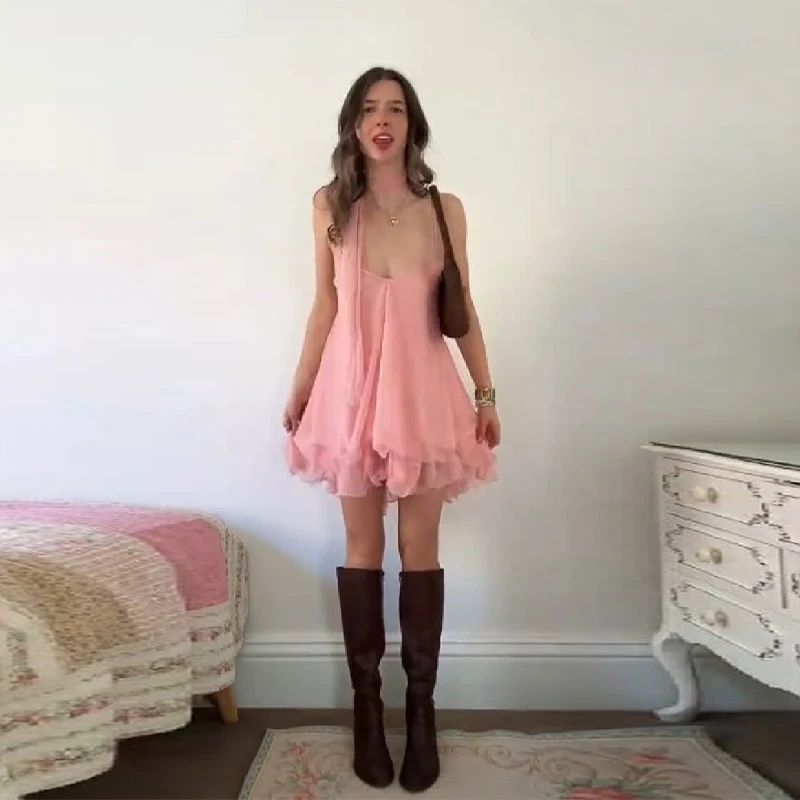 Vestido Mini Rosa Estilo Y2K con Volantes para Mujer, de Gasa Fluida con Cuello Halter y Tirantes Finos, Vestido de Fiesta para Vacaciones y Club