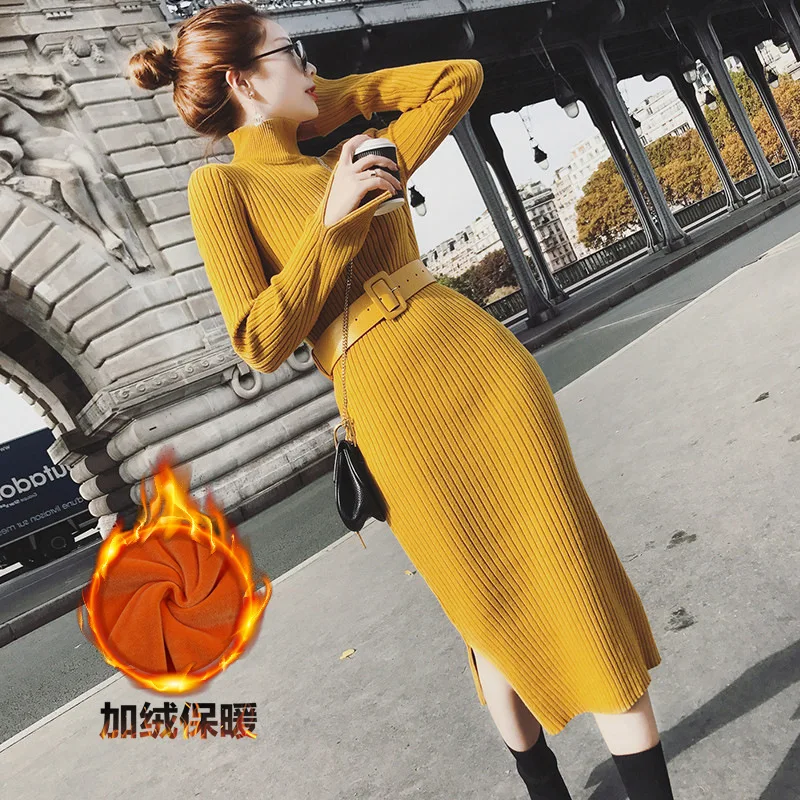 Autumn and Winter Women's Mid-Length Sweater Skirt Knitted Pullover Dress [Common Style   Fleece-lined]