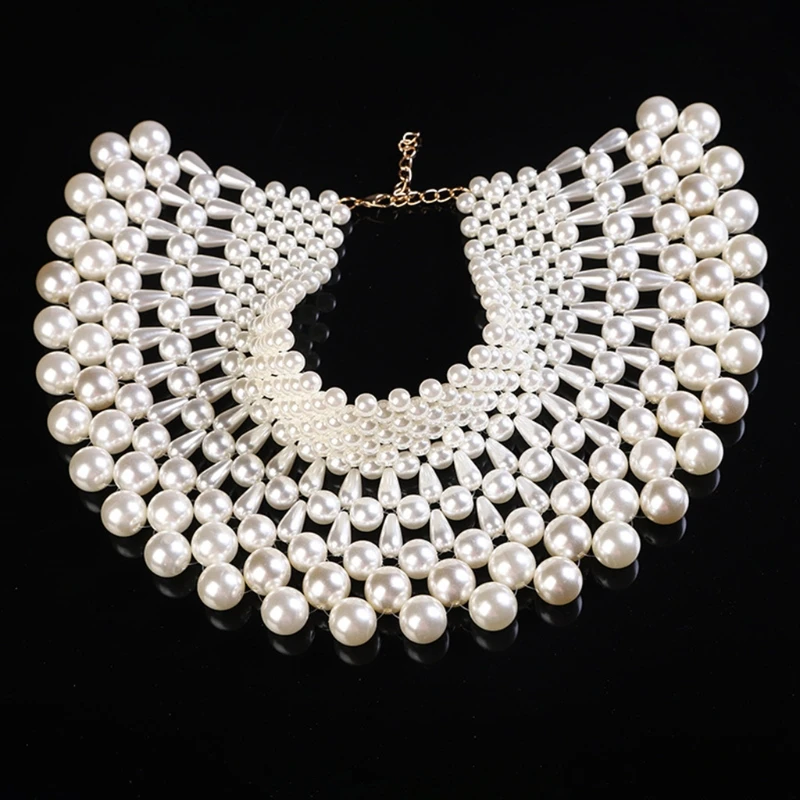 

Sweet Wedding Dress Statement Decorative Necklace Fanshaped Irregular Faux Pearl Beading Bib Choker Fake Collar Jewelry Layered