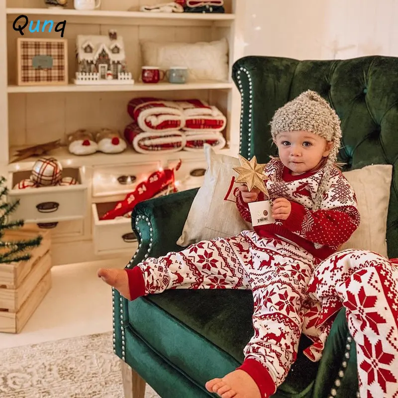 Qunq Spring&Autumn Girls Ins Christmas Clothes Print Long Sleeve Casual Top + Pants 2 Pieces Set Lovely Kids Clouthes Age 3T-8T