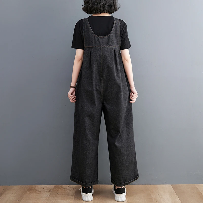 Casual Big Size Mom Jeans Overalls For Women New Loose Oversized Straight Wide Leg Denim Jumpsuits Solid Straps Vest Baggy Pants