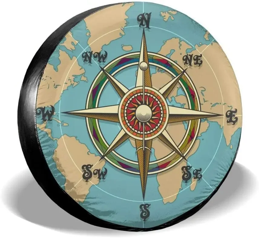 MOLIAN Compass and World Map Spare Tire Cover, Universal Fit for ,Trailer, Rv, SUV, Truck and Many Vehicle, Diameter 15 Inch