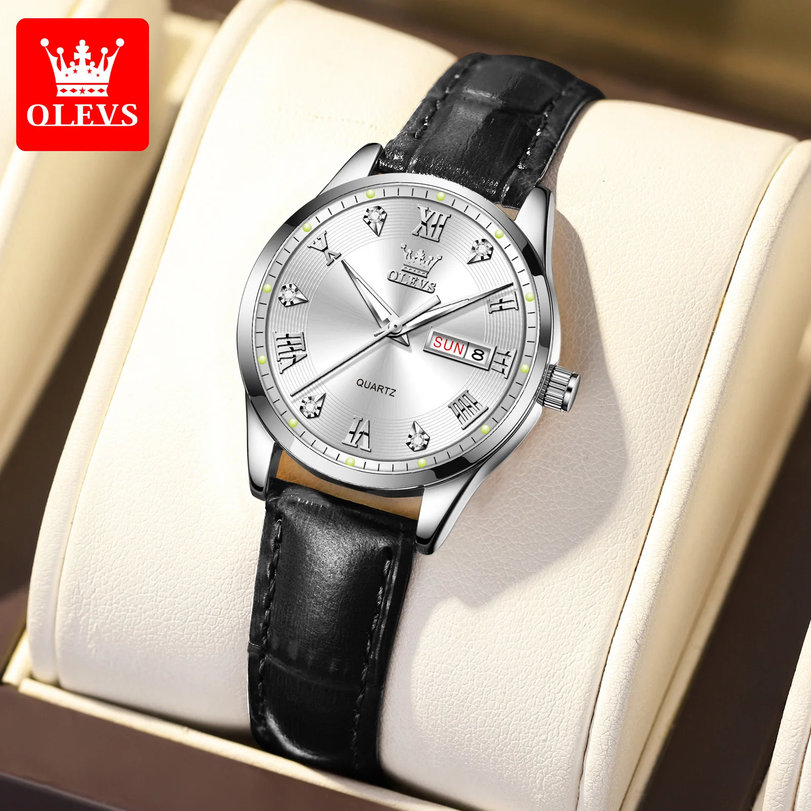 

OLEVS элегантные модные оригинальные кварцевые женские часы с кожаным ремешком, самые продаваемые высококачественные водонепроницаемые женские часы с двойным календарем
