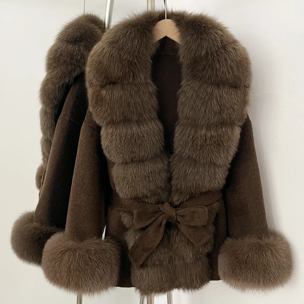 OFTBUY Fox Fur Coat Female New Autumn Woolen Coat Winter Warm Real Fur Collar Wool Blend Jacket Women Warm Clothes for Women