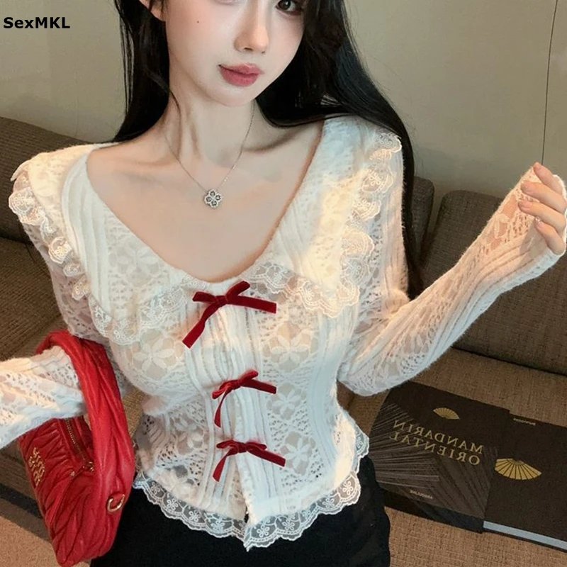 

Sweet Cute White Lace Blouses Women Vintage See Through Long Sleeve Blusas Sexy Korean Y2k Clothes Ladies Bow Crop Tops Shirts