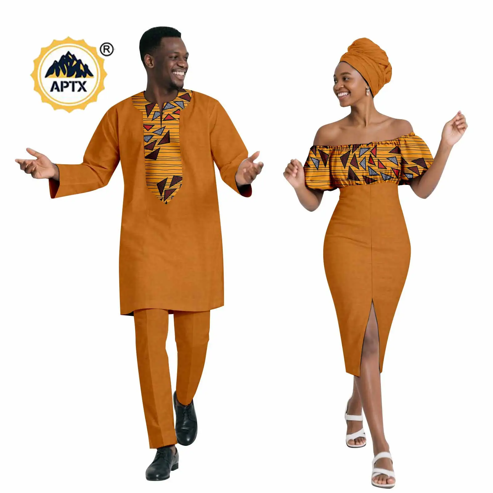 

Африканские сексуальные платья-карандаш с разрезом для женщин, одинаковые наряды для пар, африканская одежда, дашики, мужские комплекты сорочки и брюк 25C080