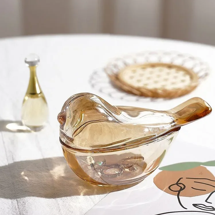 

Storage Box Vintage Amber Bird Glass Storage Jar Home Decoration Ornament Ring Necklace Jewelry Box