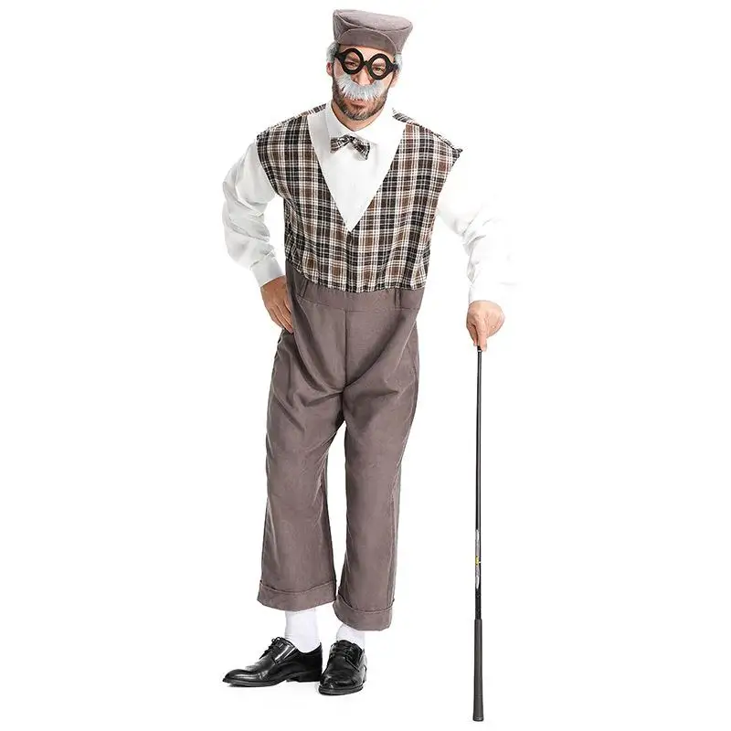 زي الجد التقليدي للهالوين بنمط مربعات، طقم رجالي على الطراز البريطاني من قطعتين، زي كبار السن التقليدي، زي صيني عرقي #1