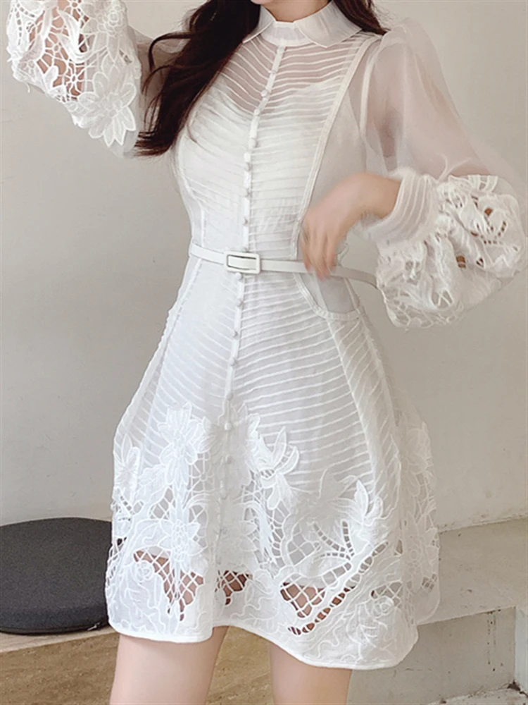 

High Waist Runway Vintage Party 2022 Embroidery Dresses Women Autumn Luxury Long Sleeve Spring Elegant Lace A-Line Boho Dress