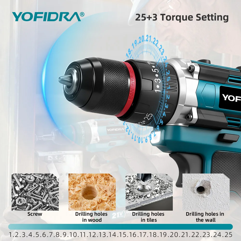 YOFIDRA 3-in-1 Elektrischer Schlagbohrer 25+3 Drehmomentstufen Handgeführter Akku-Schlagbohrer Holzbearbeitungs-Elektrowerkzeug für Makita 21V Akku – Detail 5