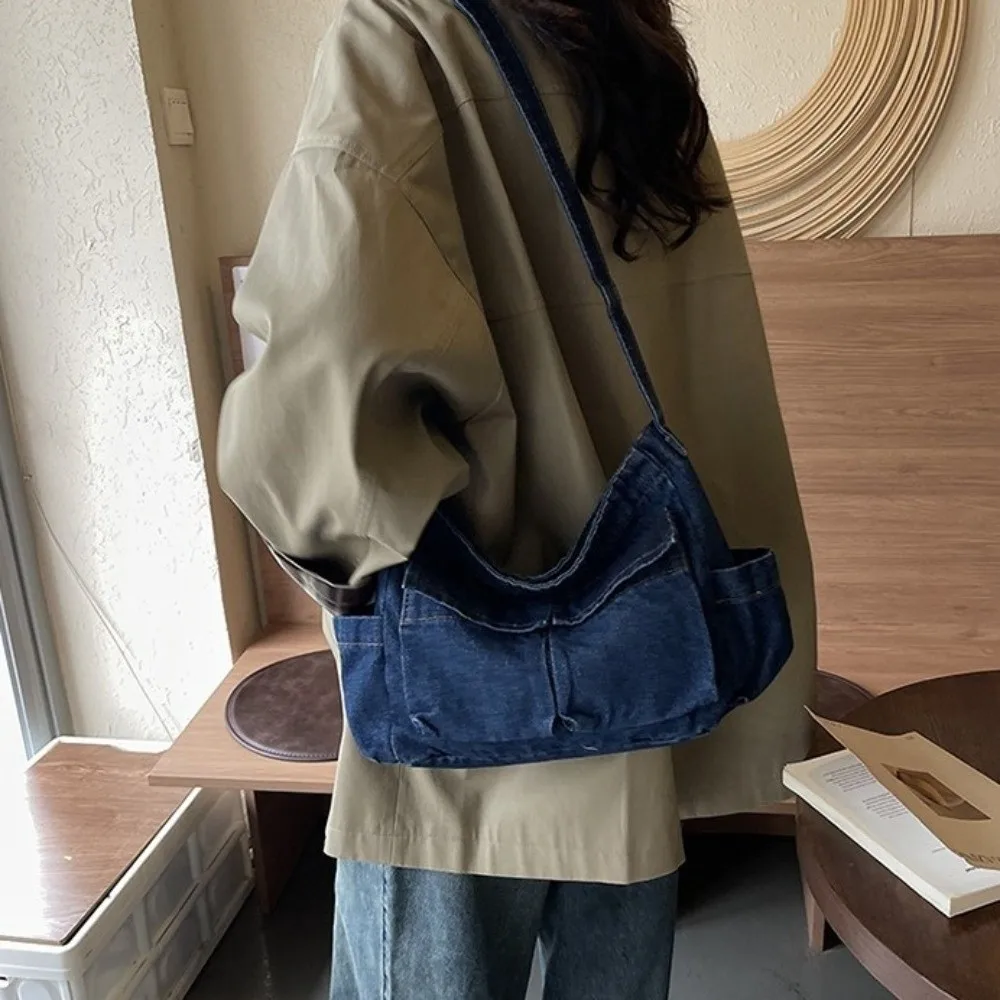 

Canvas Denim Messenger Bag Multiple Pockets Blue Commuting Shoulder Pouch Large Capacity Korean Style Underarm Bag Shopping