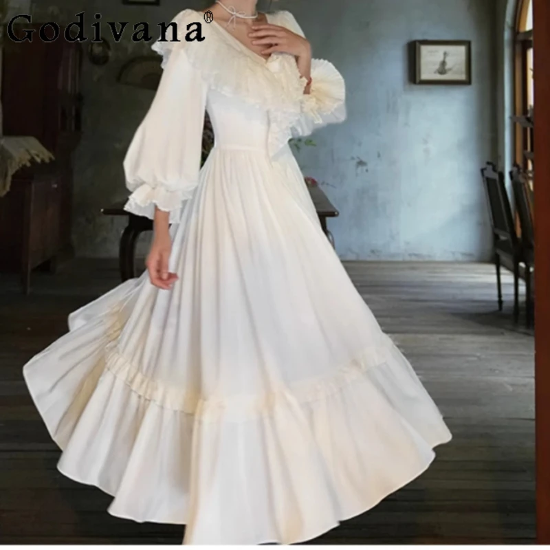 

Spring Autumn New Court Retro Satin Lantern Sleeve White Dress Fashion High Waist A-line Age Reduction V-Neck Princess Dresses