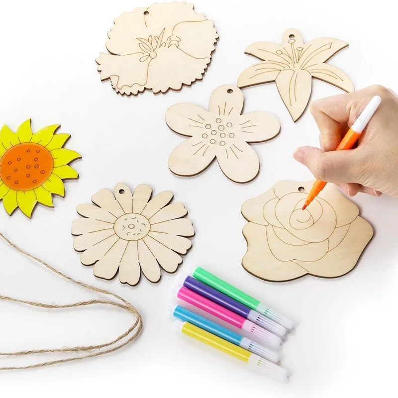 60 Pieces 3 Inch Unfinished Wood Flower Cutouts Wooden Flower Slices Blank Shape Ornaments Flower