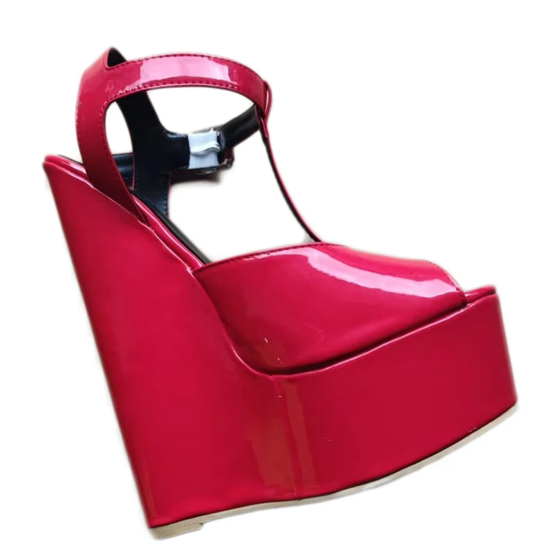 

Sexy women's high-heeled sandals. Red patent leather sandals. About 20cm heel height. Platform sandals. Summer wedges sandals.