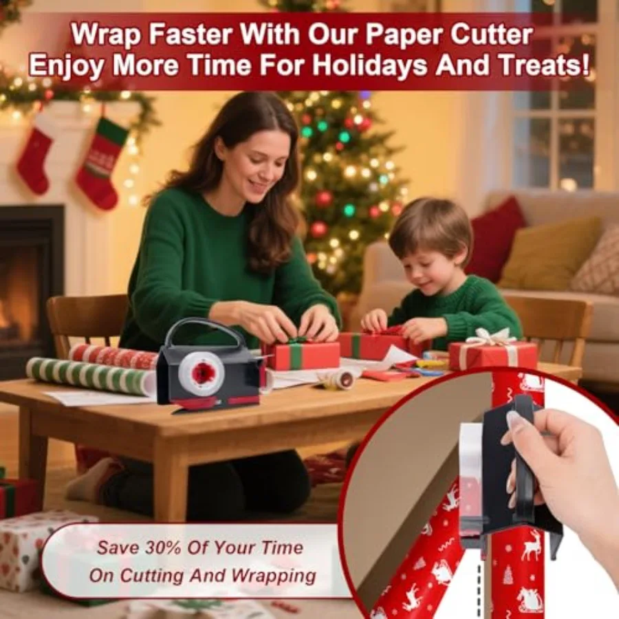 Outil d'emballage cadeau à double usage avec 4 bandes et 2 lames de rechange pour emballage de noël, d'anniversaire et de vacances, conception de tubes à trancher coulissants