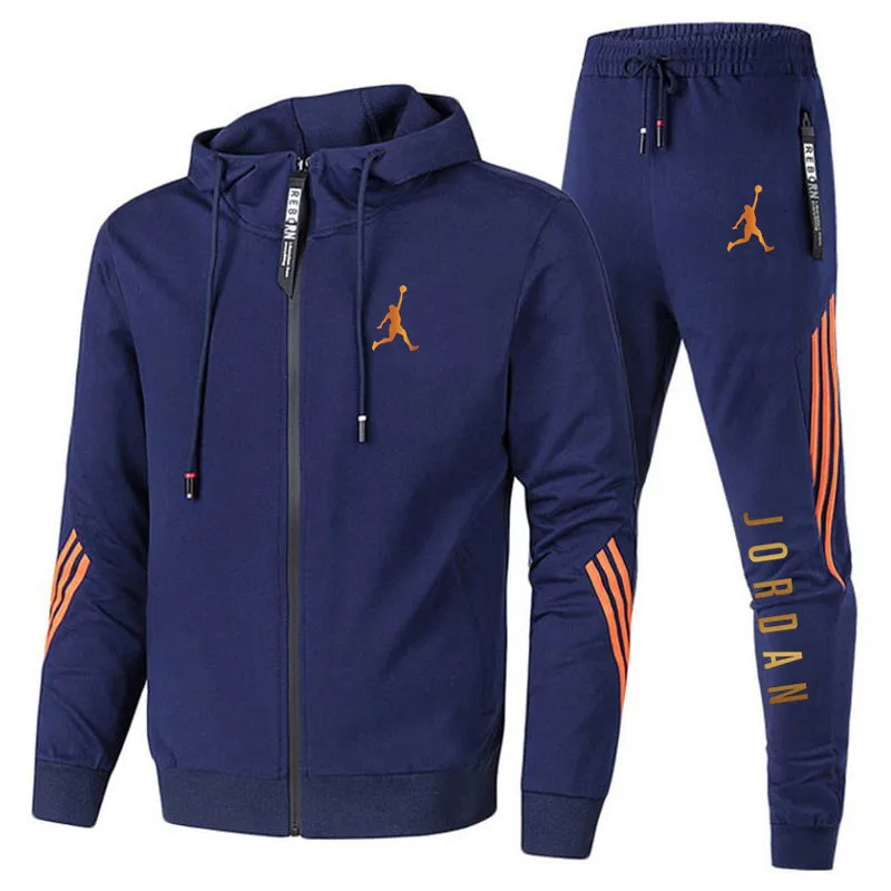 Fashion Tracksuit Men Suit Autumn New Zipper Cardigan Jacket+Sweatpants Stripe Running Fitness Basketball Jogging 2 Piece Set