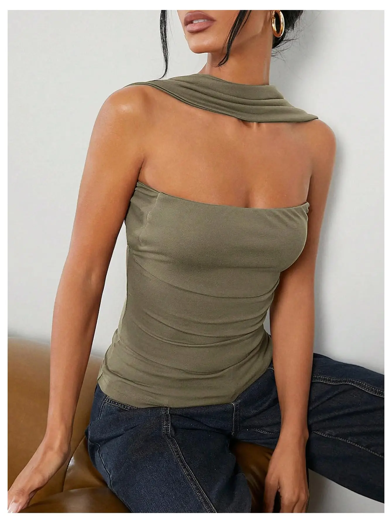 

Women Sexy Ruched Strapless Halter Tube Top Y2k Tanks Satin Silk Choker Neck Backless Tops