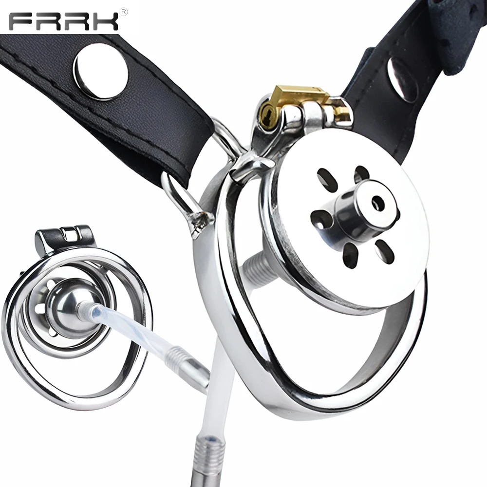 FRRK Negative Chastity Belt with PU Bondage Straps for Male Metal Penis Rings Cock Cage Urethral Massage Sex Toys Sexual Shop