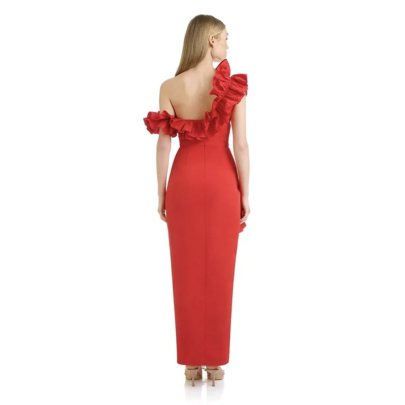 Nero Rosso Colore Donna Senza maniche Sexy Al largo della spalla Volant Aderente Abito lungo dalla fasciatura Nightclub Party Celebrate Outfit