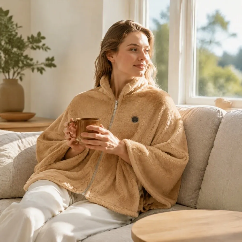Zipper Design Electric Shawl Blanket Double-Layer Warm-keeping USB Shawl Blanket Thickened Convenient Plush Shawl for 10W/5V