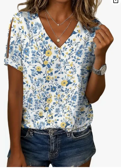 

New Casual Loose Fit Women's Bohemian Shirt Top Floral V-Neck Summer Cool Breathable Women's Shirt