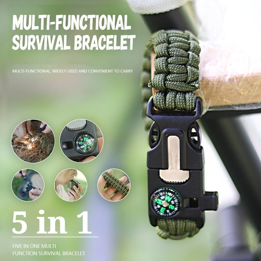 5-in-1 Survival Paracord Bracelet Multi-Function Outdoor Emergency Bracelet with Compass Fire Starter Whistle for Camping Hiking