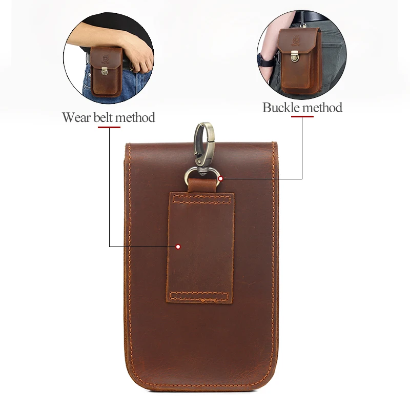 SCHLATUM Crazy Horse Leather Men Belt Pouch Vintage Casual Waist Bags 7-inch Mobile Phone Fanny Waist