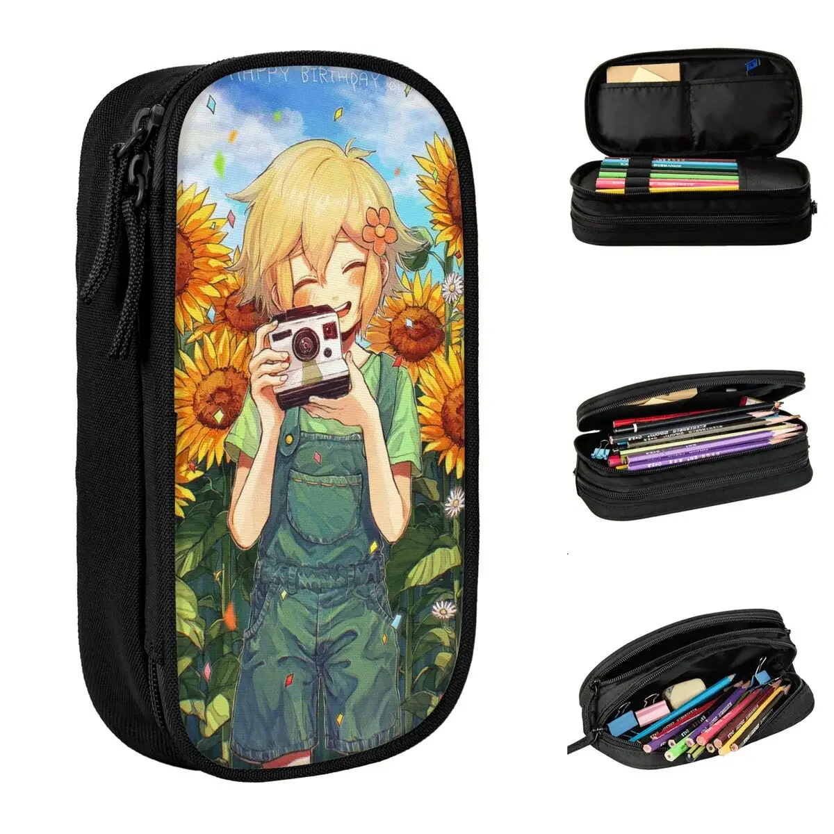 Casos para lápis Basi Girassol Omori Cartoon Horror Pen Holder Bolsas para crianças, grande capacidade, presente escolar para estudantes