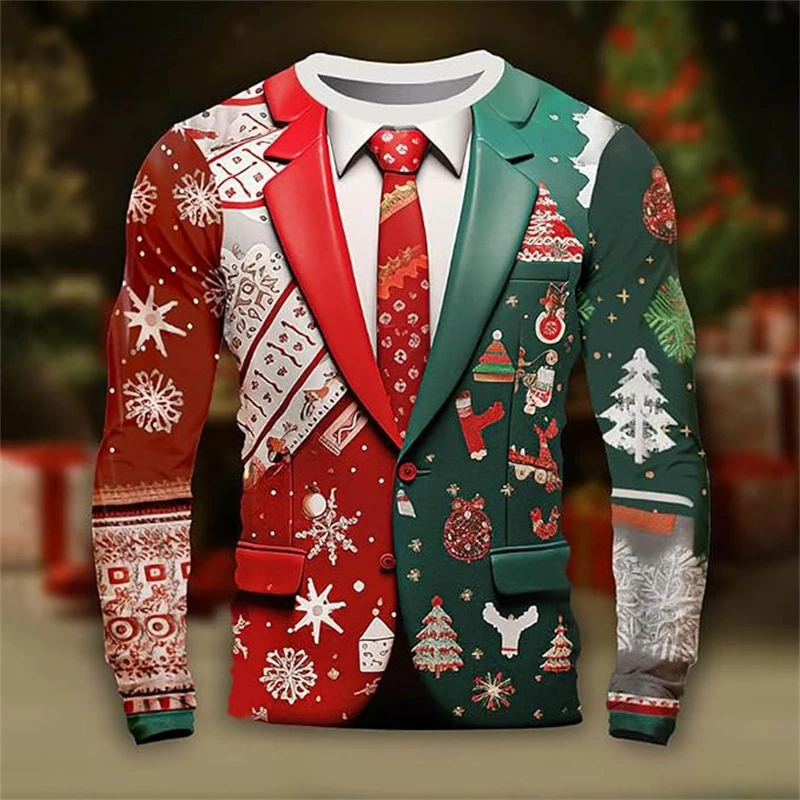 Christmas Series Simulated Suit T-shirt 3D Print Harajuku Printed Men Personality Long Sleeve O Neck Fashion Party Top T Shirt