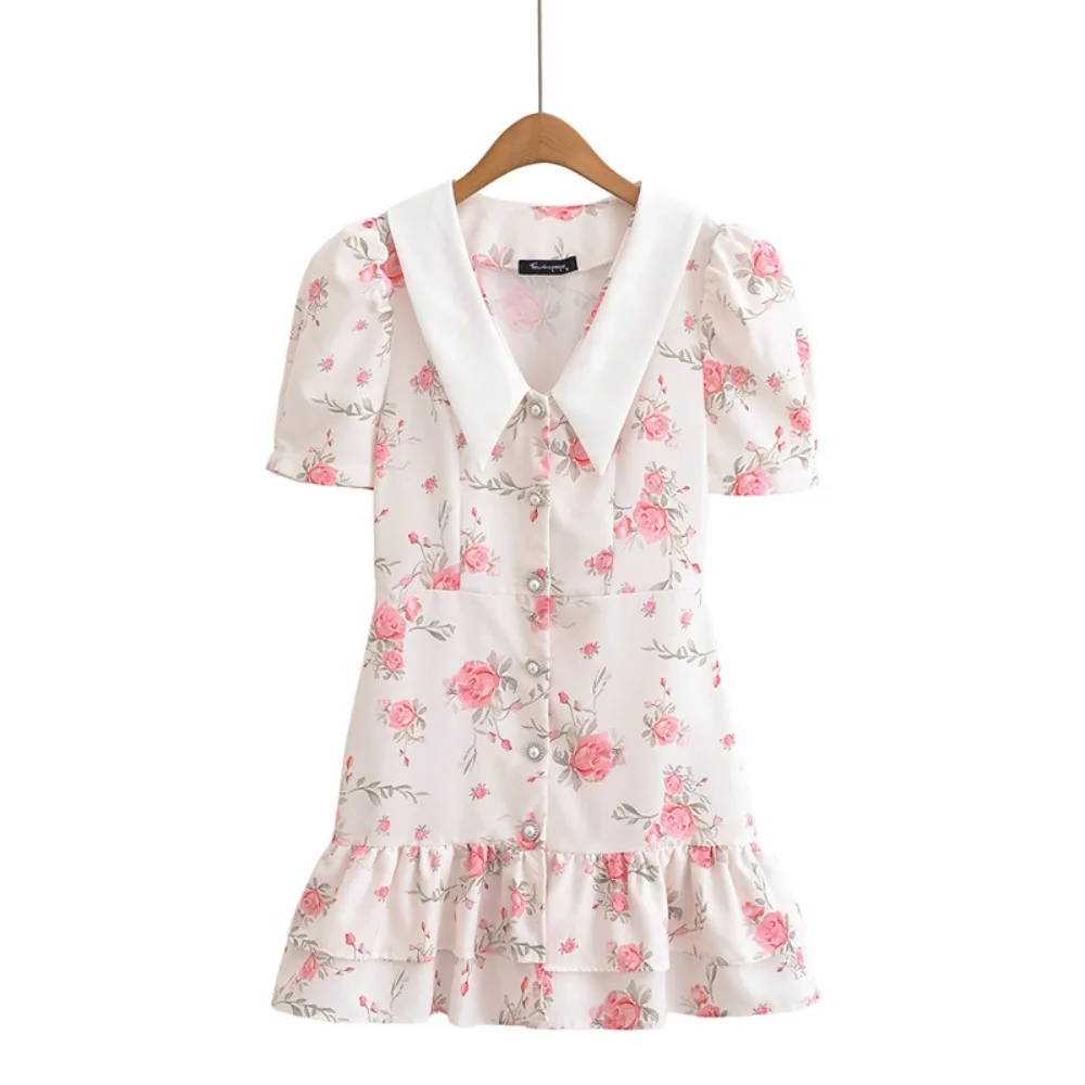 

V-neck Girls Floral Dress Ruffle Edge Short Sleeve Children Princess Dress Lapel Teenagers Flower A-line Dress Beach