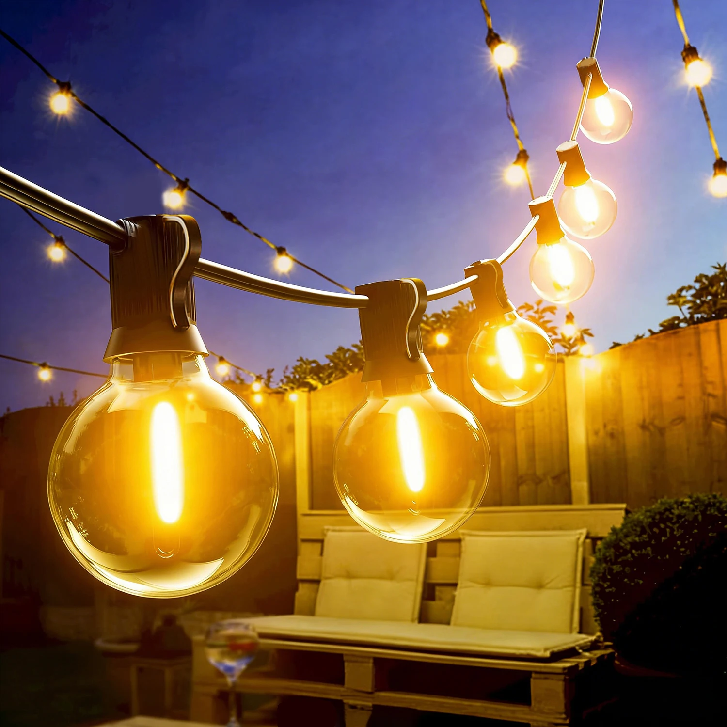 Lampki LED zewnętrzne o długości do 45 m z wtyczką EU, wodoodporne żarówki G40 z tworzywa sztucznego na balkon, imprezę, kemping, do ogrodu, na wesele.