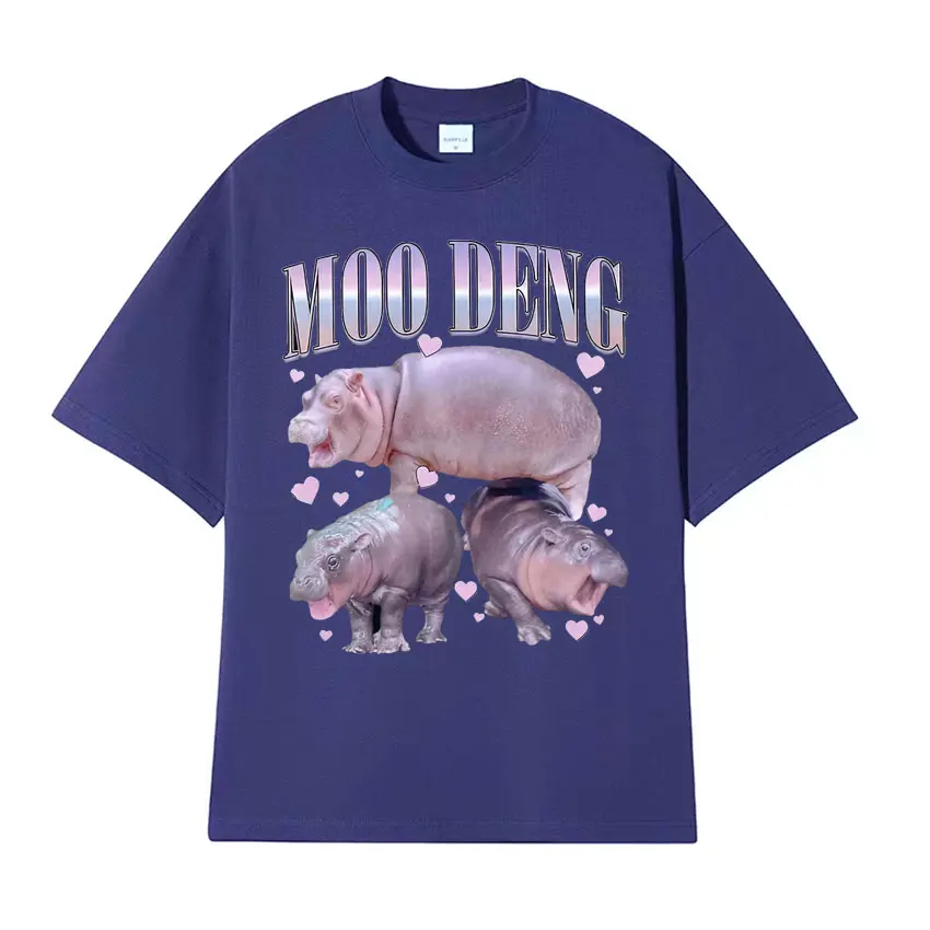 Funny Moo Deng Pink Love Cute Hippo Family Meme T Shirts Unisex Vintage Trend Oversized T-shirt Men High Quality O-Neck T Shirt