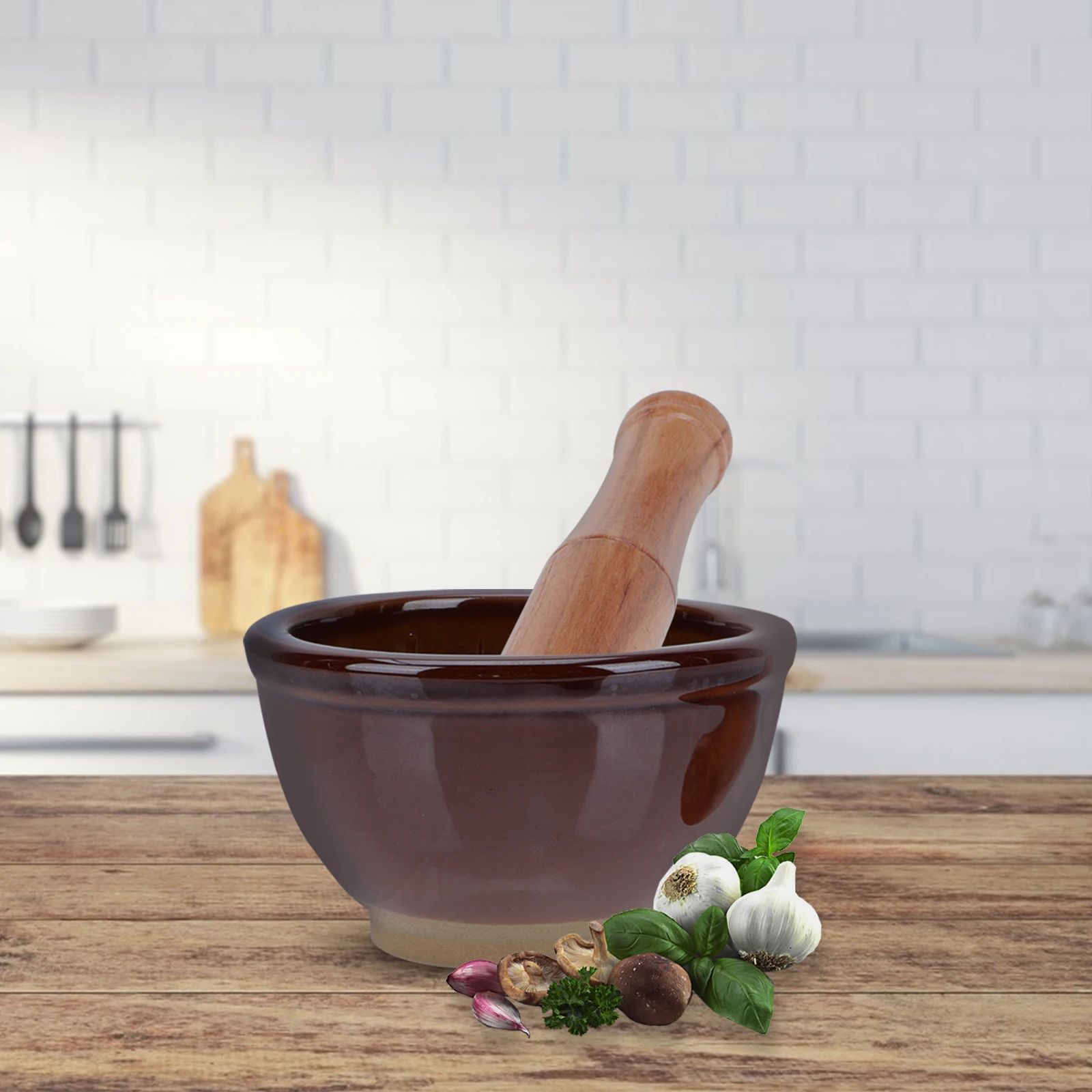 

Ceramic Mortar Pestle Set Wood Ergonomic Garlic Grinder Kitchen Tool Manual Container Easy Clean Housewarming Gift
