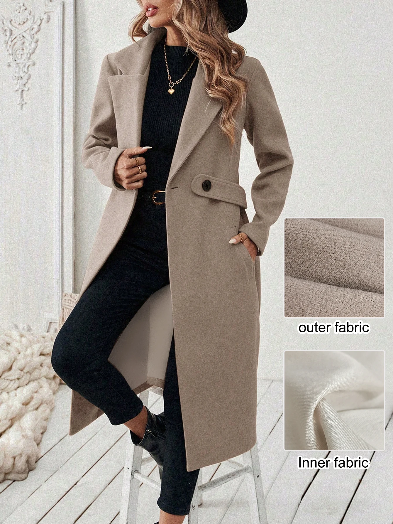 

Осенне-зимнее шерстяное пальто средней длины на флисовой подкладке, женская повседневная куртка с длинными рукавами и карманами на пуговицах спереди, подходит для повседневного ношения, повседневная элегантность и офисная одежда.