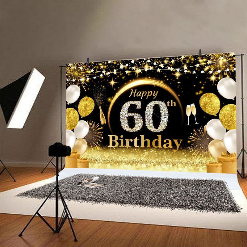 60th Backdrop 60 Years Birthday Party Theme Decorations for Man Woman Anniversary Banner Black Gold Glitter Photo Background