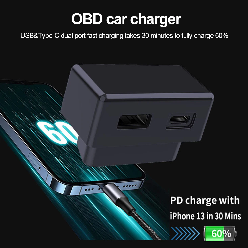 Car OBD Fast Charger for Tesla Model 3 Y X S Mobile Phone Charging Adapter OBD2 Splitter USB and Type-C Dual Port Plug Head