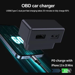 Car OBD Fast Charger for Tesla Model 3 Y X S Mobile Phone Charging Adapter OBD2 Splitter USB and Type-C Dual Port Plug Head