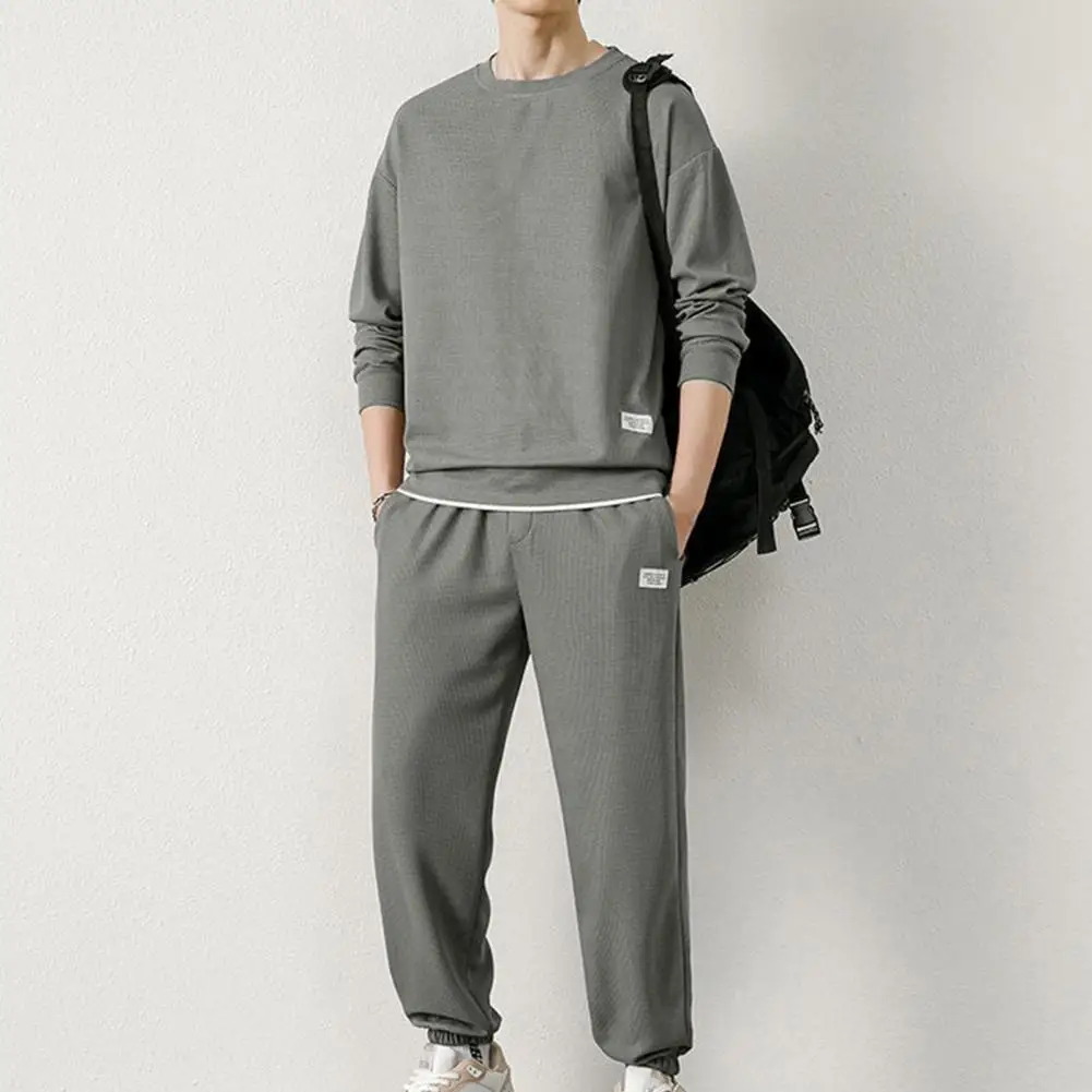 

Men's Waffle Hoodie Two-piece Sweatpants Set Loose Fitting Casual Sports Suit Round Neck Sweatshirt Jogger Pants Casual Men Suit