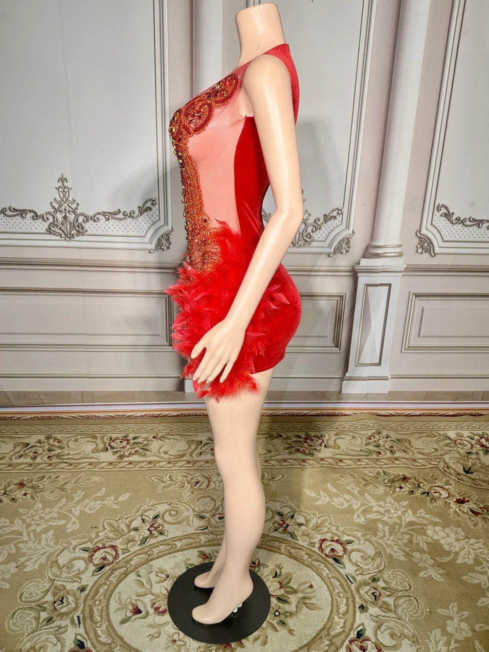 Luxurious Red Crystal Feathers Velvet Short Dress Women Sexy Transparent Evening Celebrate Birthday Dress Singer Show Stage Wear