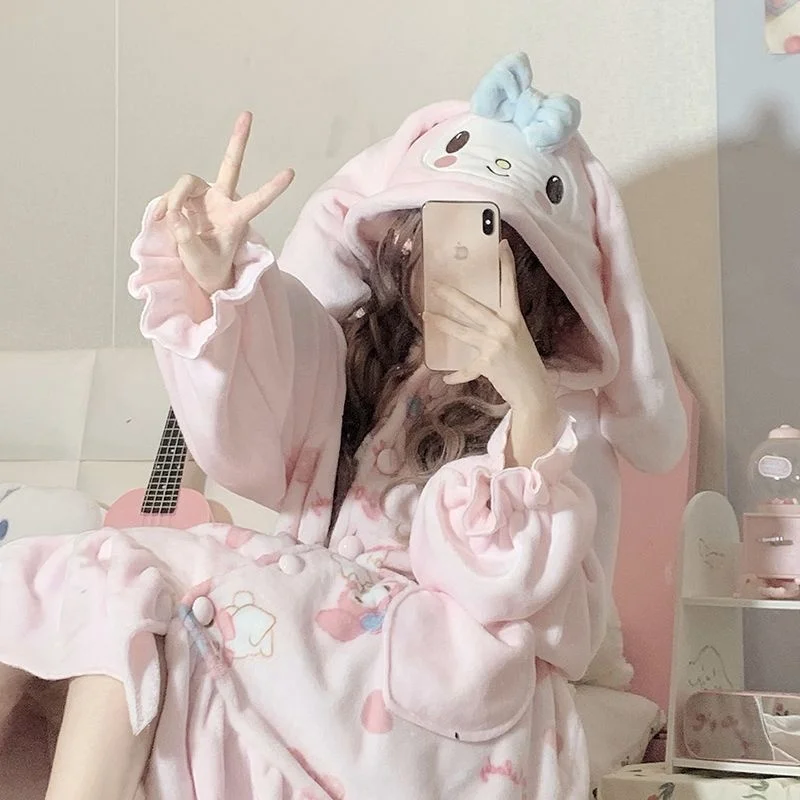 Sanurgente-Pyjama doux en peluche My Melody pour femme, robe imprimée dessin animé Kawaii, cardigan adt, pantalon imbibé, ensemble 2 pièces