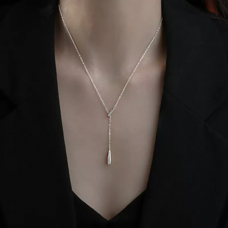 Minimalism Trendy Sterling Silver Tassel Three-dimensional Water Drop Pendant Necklace for Women Korean Collarbone Chain Jewelry