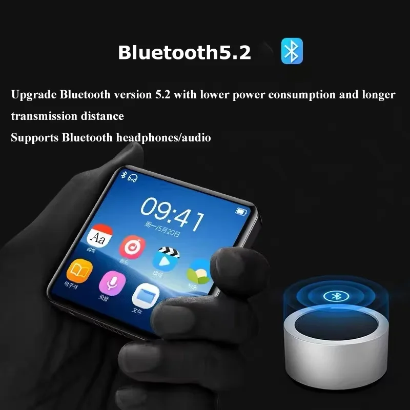 Pocket MP3 Player Bluetooth 5.2 Full Screen Music Walkman Built-in Speaker Sports MP4 Video Player E-book/Recorder/Alarm Clock